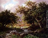 Barend Cornelis Koekkoek A Wooded Landscape With Figures Along A Stream painting